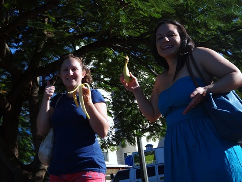 Denise and Jenna with bananas in Soufriere St. Lucia